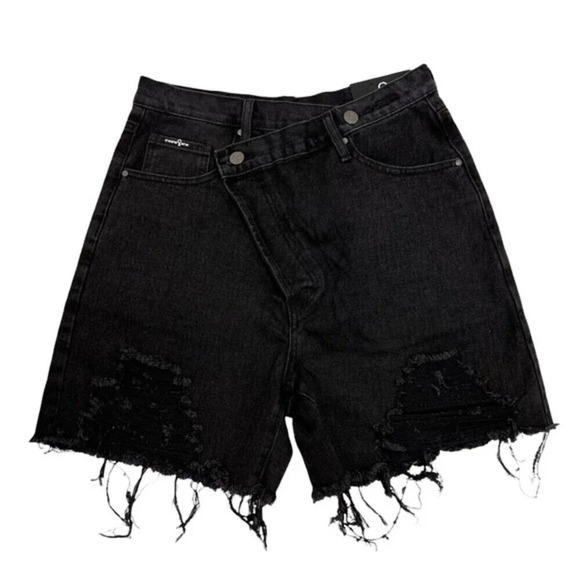 Insane Gene Hi-Rise Crossover Short Distressed Mom Jeans Shorts Black Y2K Size M - Picture 4 of 12